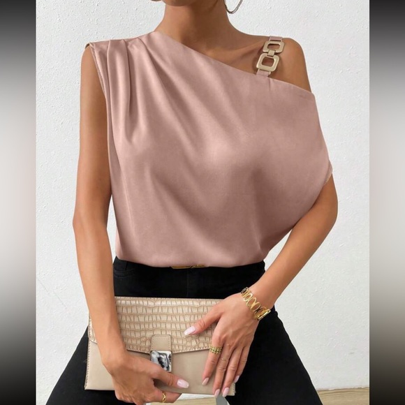 Tops | Ruched Baby Pink Asymmetrical Neck Chain Strap Blouse | Poshmark